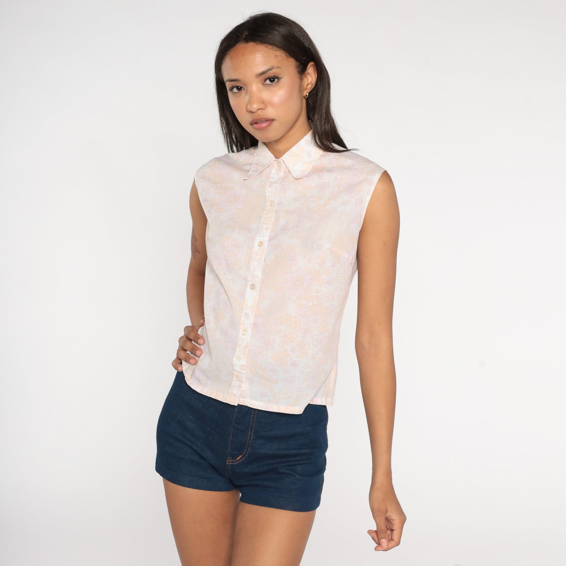 70s Floral Tank Top White Lavender Button-Up Sleeveless Blouse Small