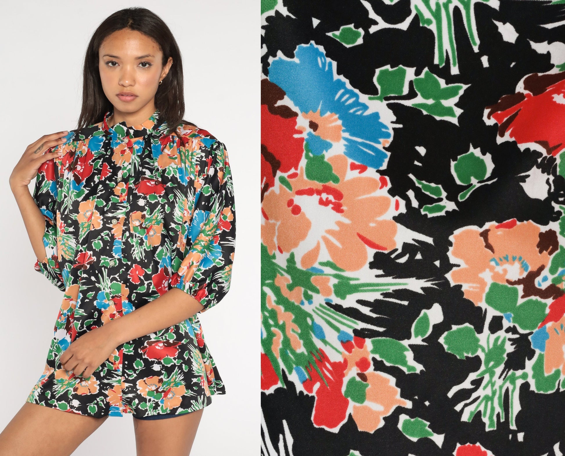 70s Floral Button-Up Blouse Black Multicolored Flower Print 3/4 Sleeve Extra Large