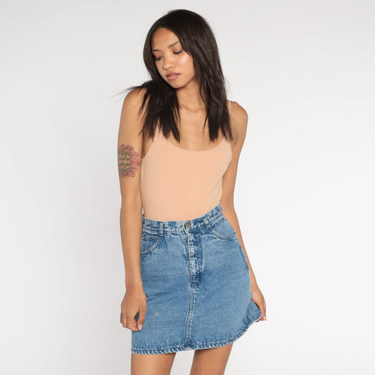 90s Blue Denim Mini Skirt High Waist Pencil Cut Small