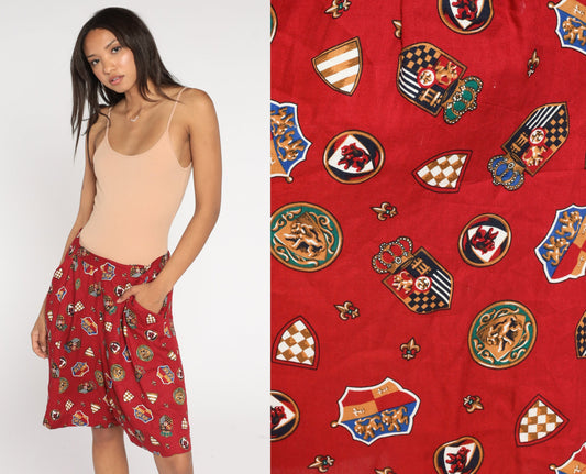 90s Baroque Lion Crest Fleur de Lis Wide Leg Shorts Red Rayon Medium