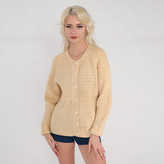 60s Cream Open Weave Cardigan Chunky Knit Button-Up Sweater Medium M