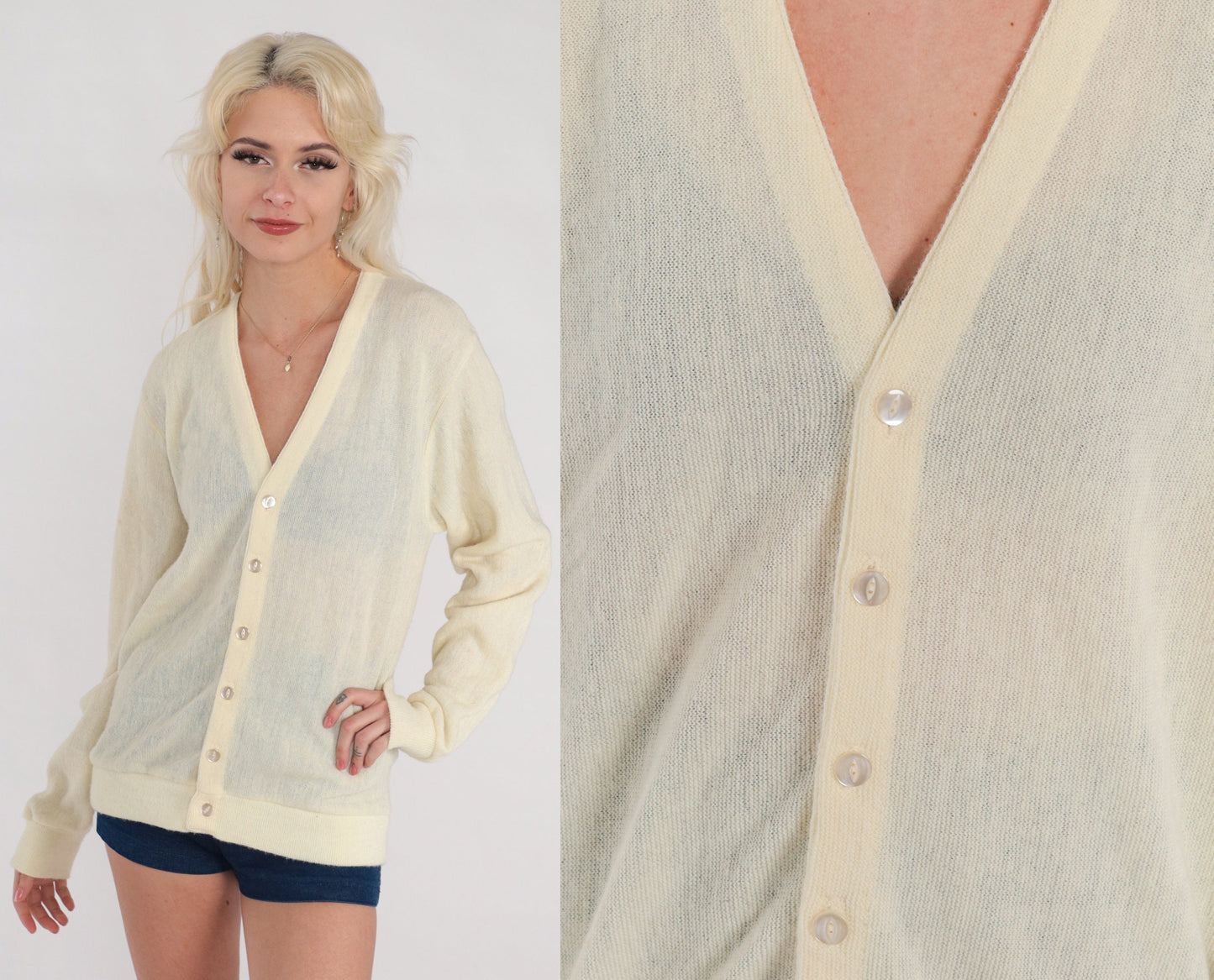80s Cream Cardigan Semi Sheer Button Up Knit Sweater Medium