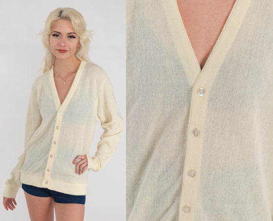 80s Cream Cardigan Semi Sheer Button Up Knit Sweater Medium