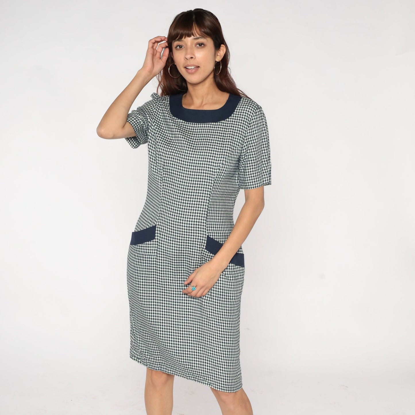 90s Gingham Shift Dress White Navy Checkered Mini Pocket Short Sleeve Medium