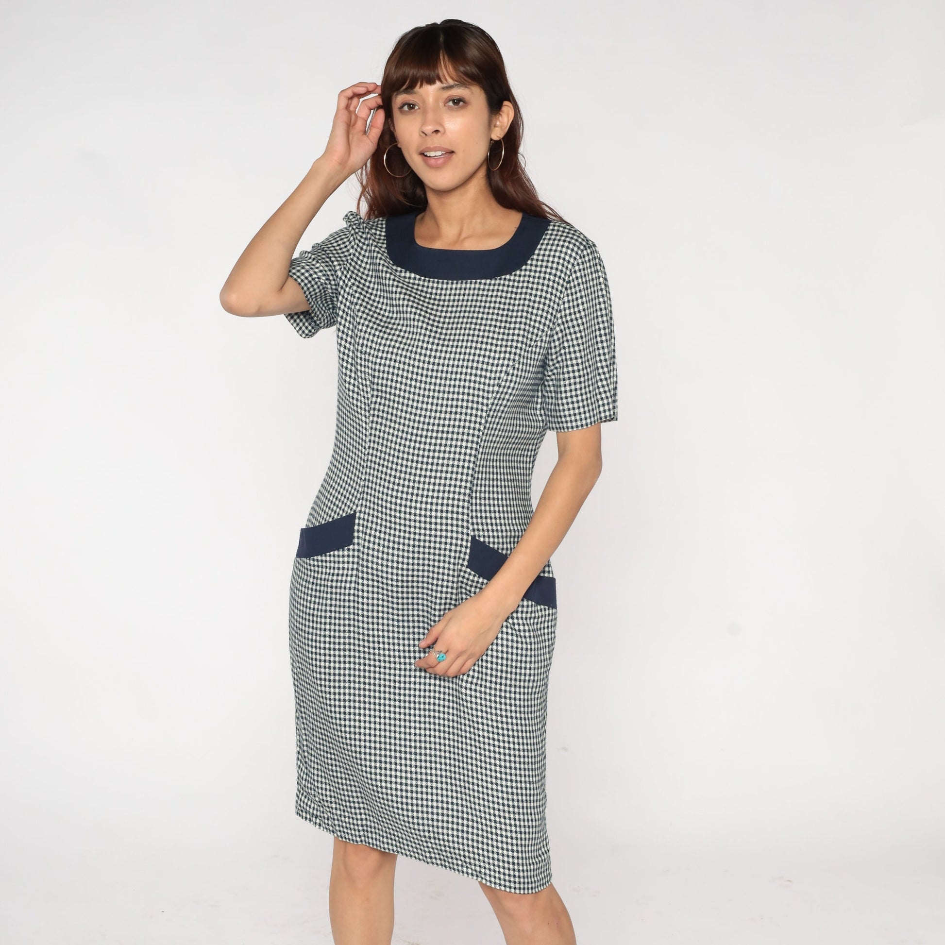 90s Gingham Shift Dress White Navy Checkered Mini Pocket Short Sleeve Medium