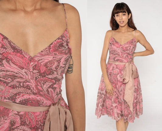 Y2K Pink Indian Floral Wrap Dress Spaghetti Strap V Neck Knee Length Small