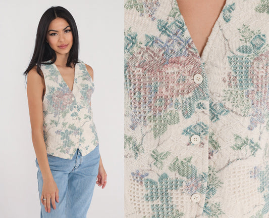 90s Floral Tapestry Button-Up Vest Cream Woven Sleeveless Small