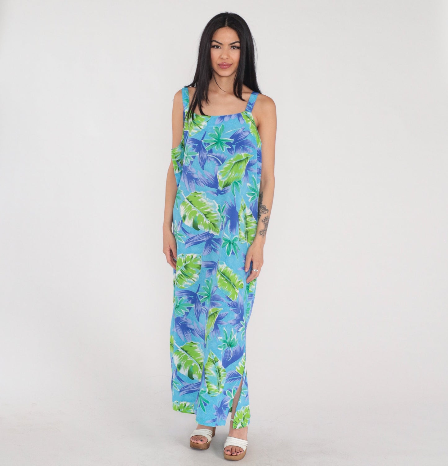 90s Hawaiian Maxi Dress Tropical Leaf Print Blue Green Purple Sleeveless XXL