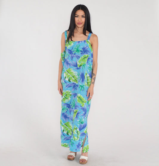 90s Hawaiian Maxi Dress Tropical Leaf Print Blue Green Purple Sleeveless XXL