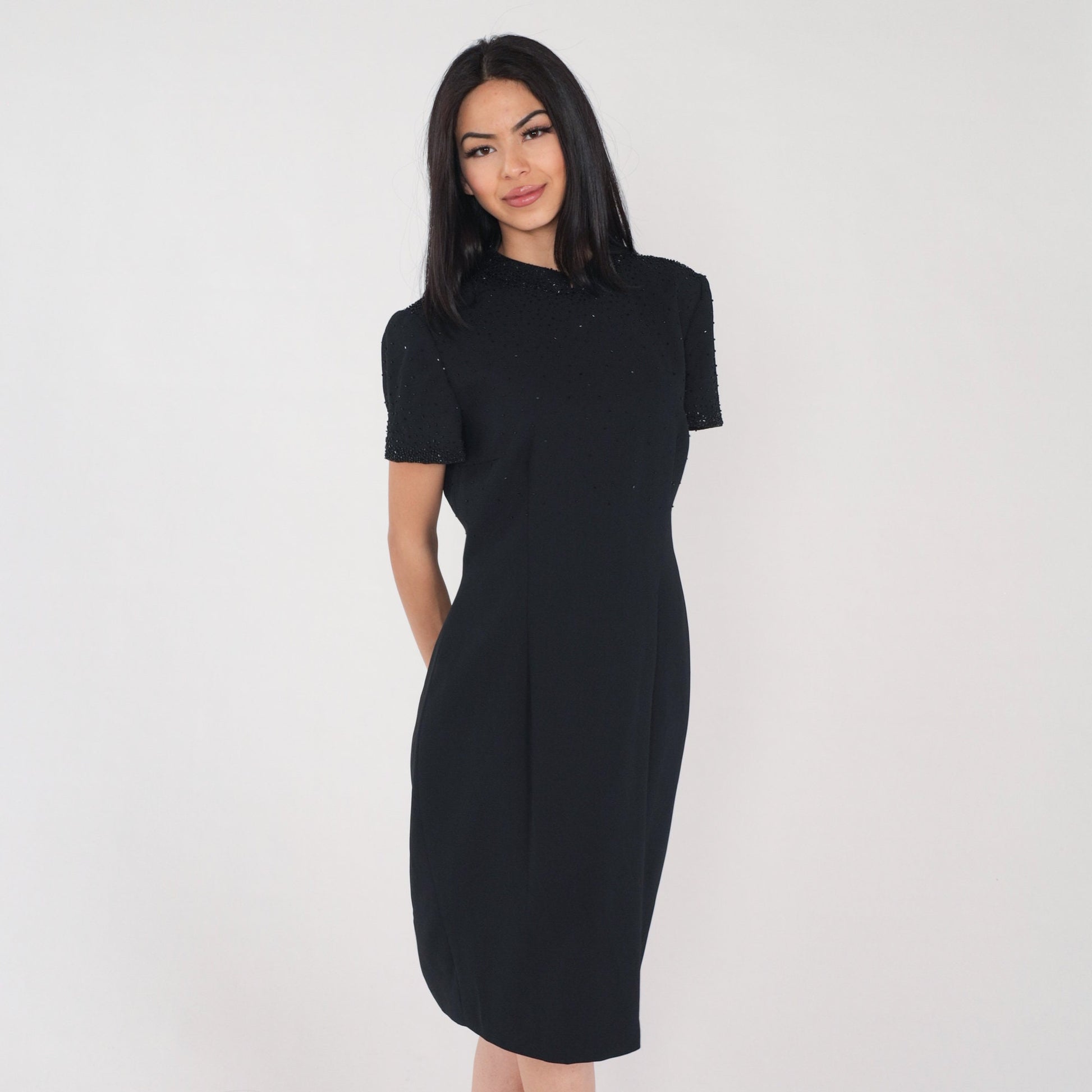 90s Black Beaded Sheath Dress High Neck Short Sleeve Knee Length Medium 8
