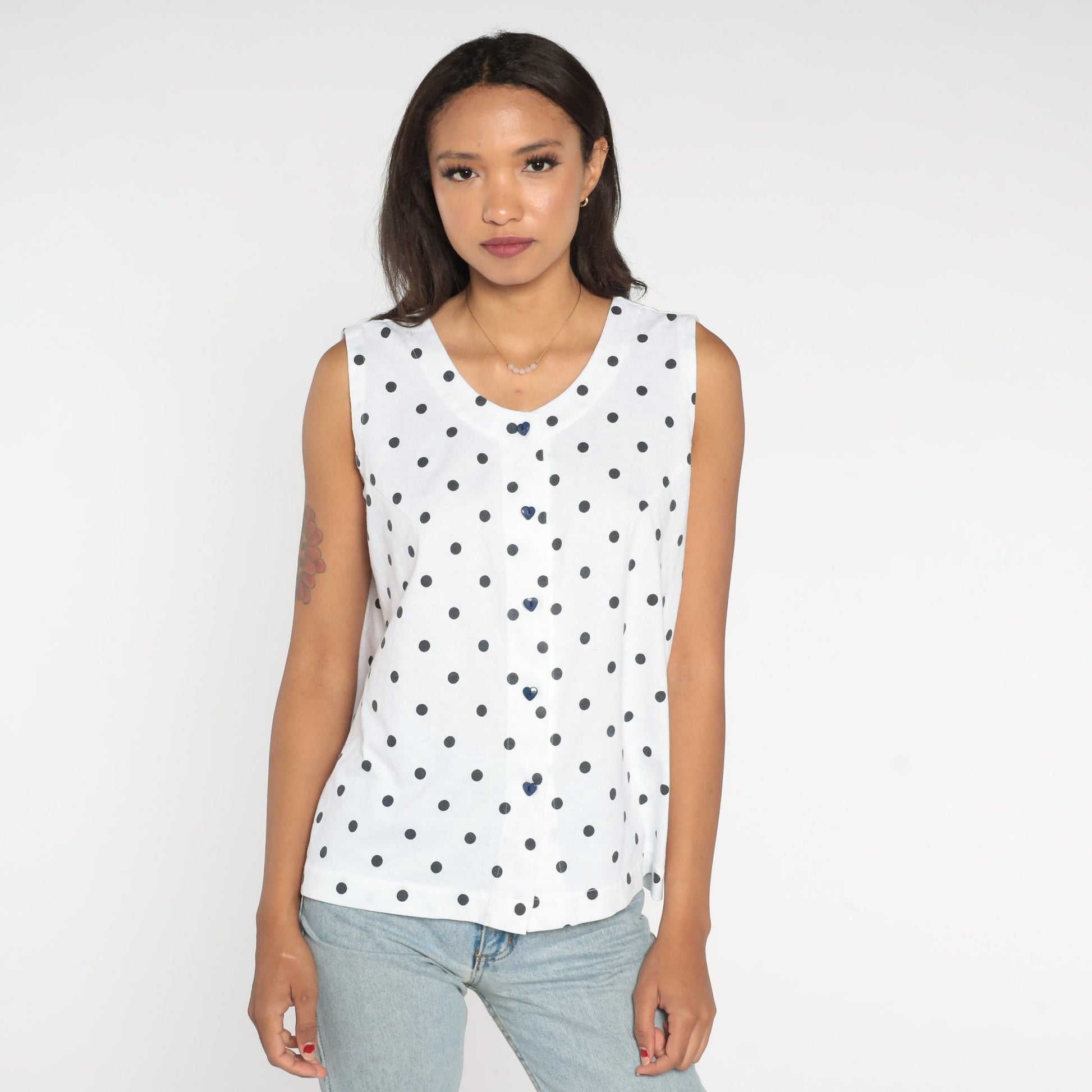 80s White Polka Dot Tank Top Heart Button Single Stitch Small
