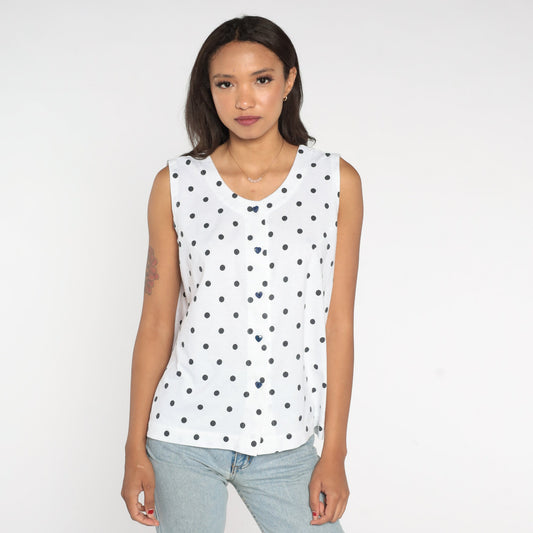 80s White Polka Dot Tank Top Heart Button Single Stitch Small