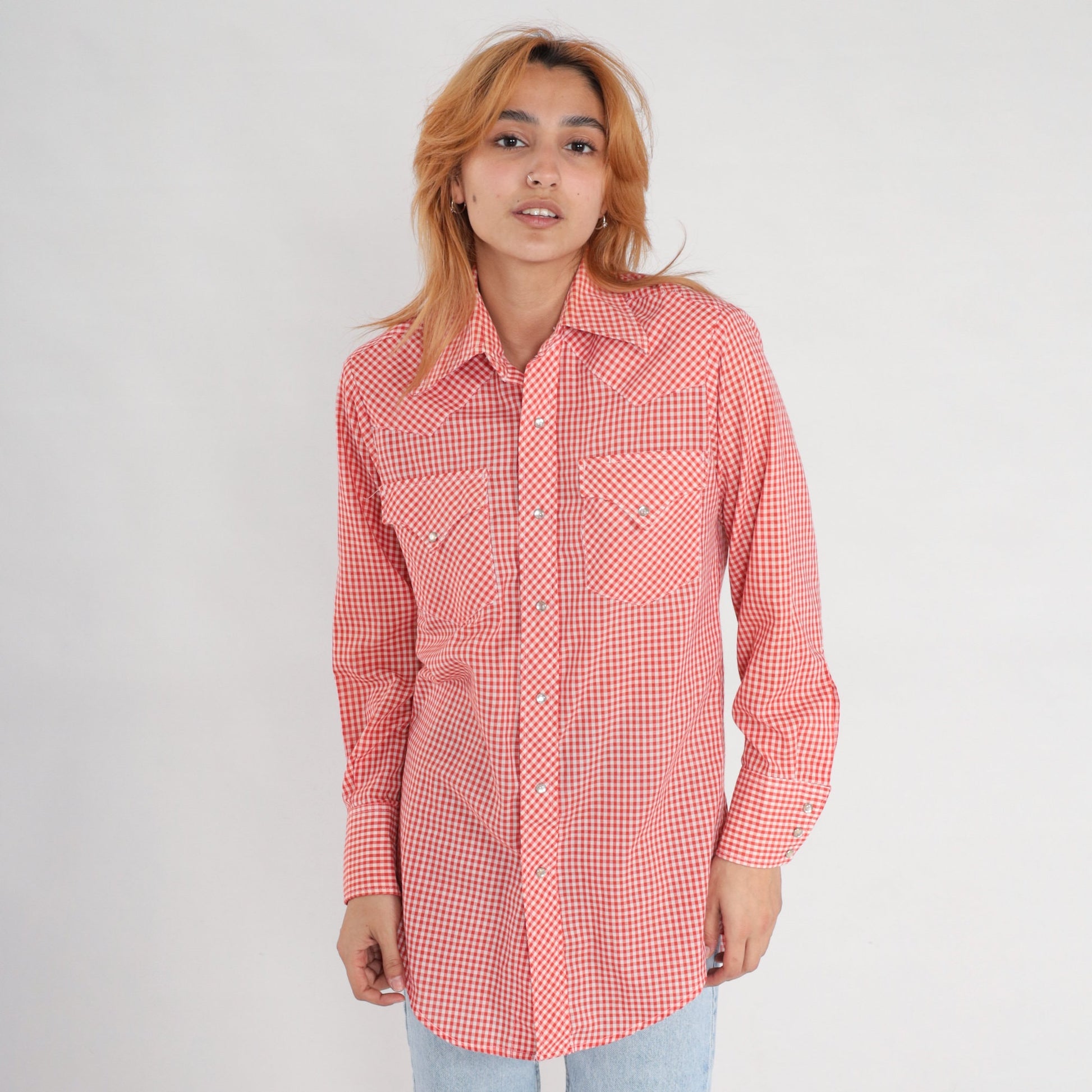 70s Lee Red Gingham Pearl Snap Western Shirt Plaid Cotton Blend Small