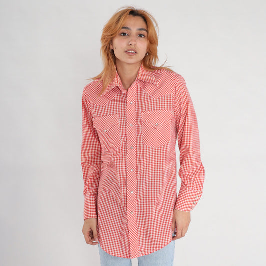 70s Lee Red Gingham Pearl Snap Western Shirt Plaid Cotton Blend Small