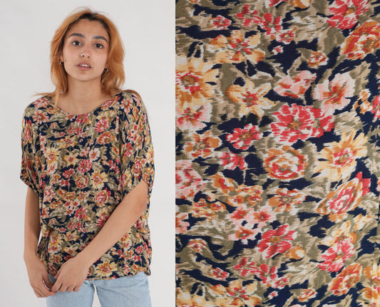 90s Karen Scott Floral Blouse Short Sleeve Rayon Navy Yellow Pink Large L