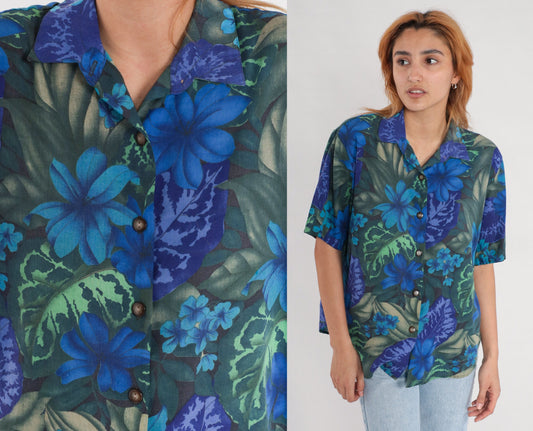 80s Tropical Floral Button-Up Shirt Blue Short Sleeve Blouse Large L