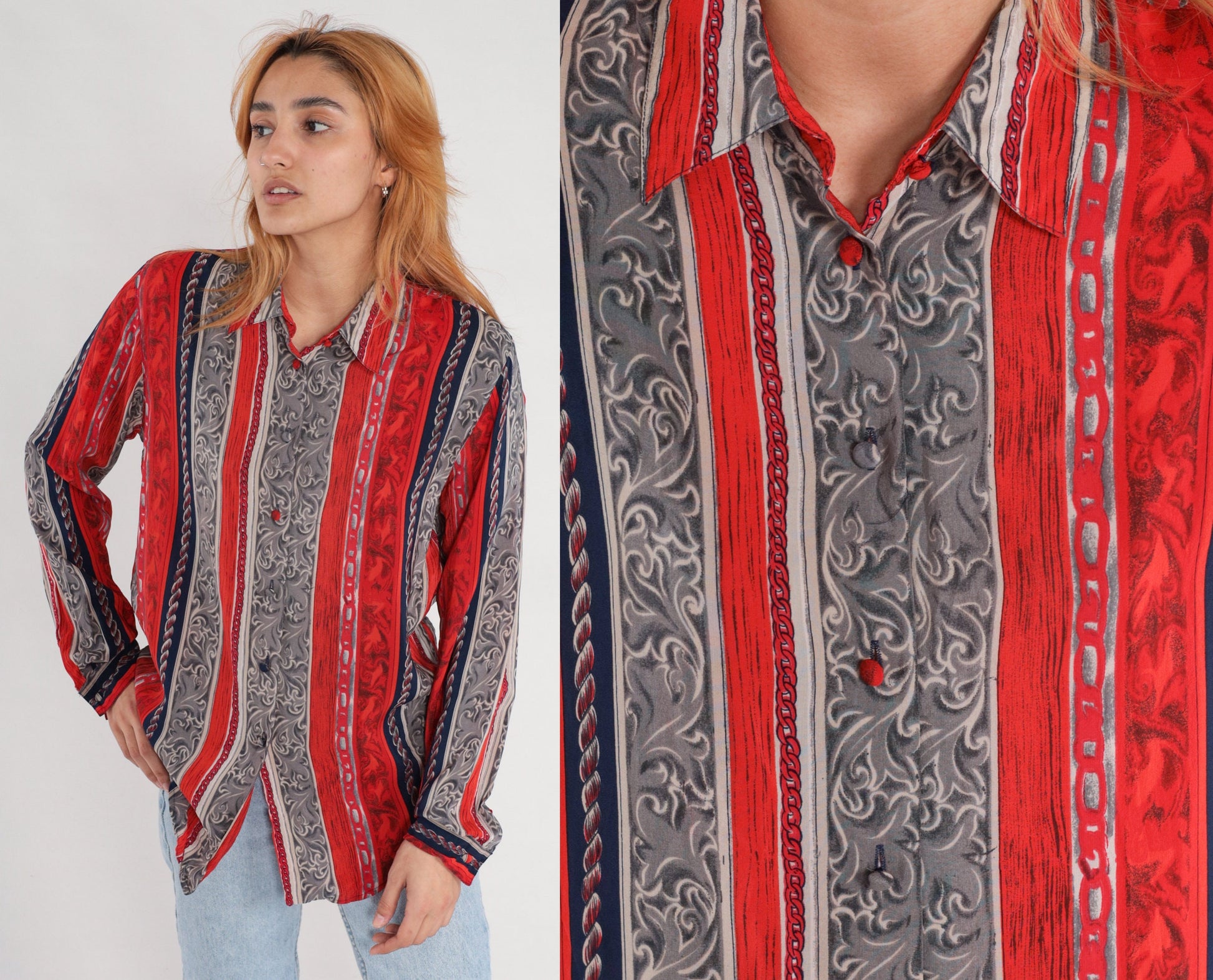 90s Silk Baroque Striped Button-Up Blouse Chain Print Red Grey Medium