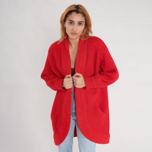 80s Red Wool Blend Cardigan Sweater Ribbed Knit Open Front Pockets Medium Large