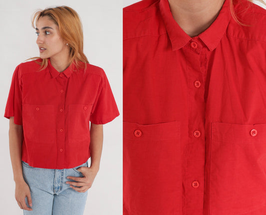 80s Red Button-Up Blouse Short Sleeve Chest Pocket Cotton Blend Medium