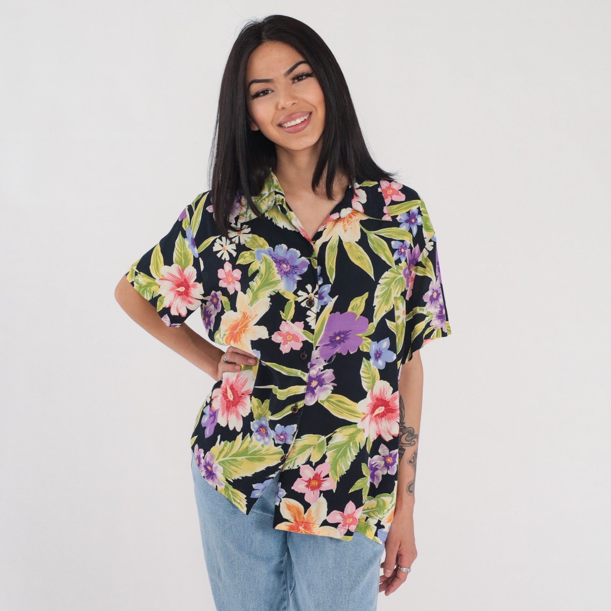 90s Tropical Floral Black Button Up Blouse Short Sleeve Rayon Shirt Extra Large XL
