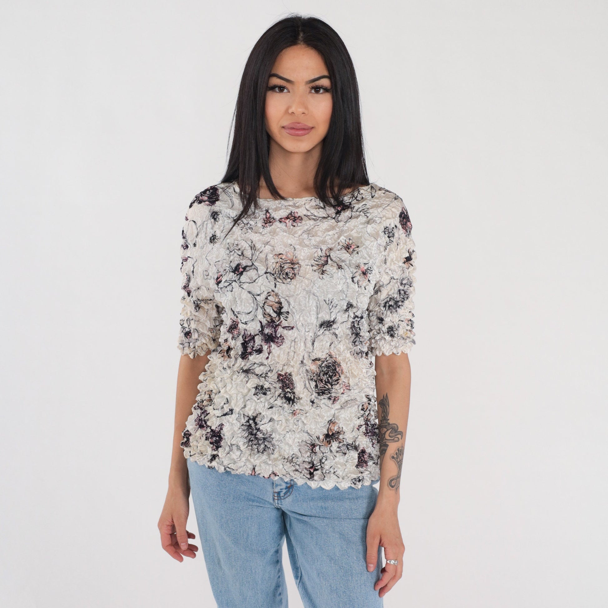 90s Floral Popcorn Texture Blouse Short Sleeve Stretchy Rose Print Small