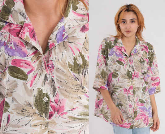 90s Floral Button Up Blouse Tan Olive Green Purple Pink 3/4 Sleeve XXL