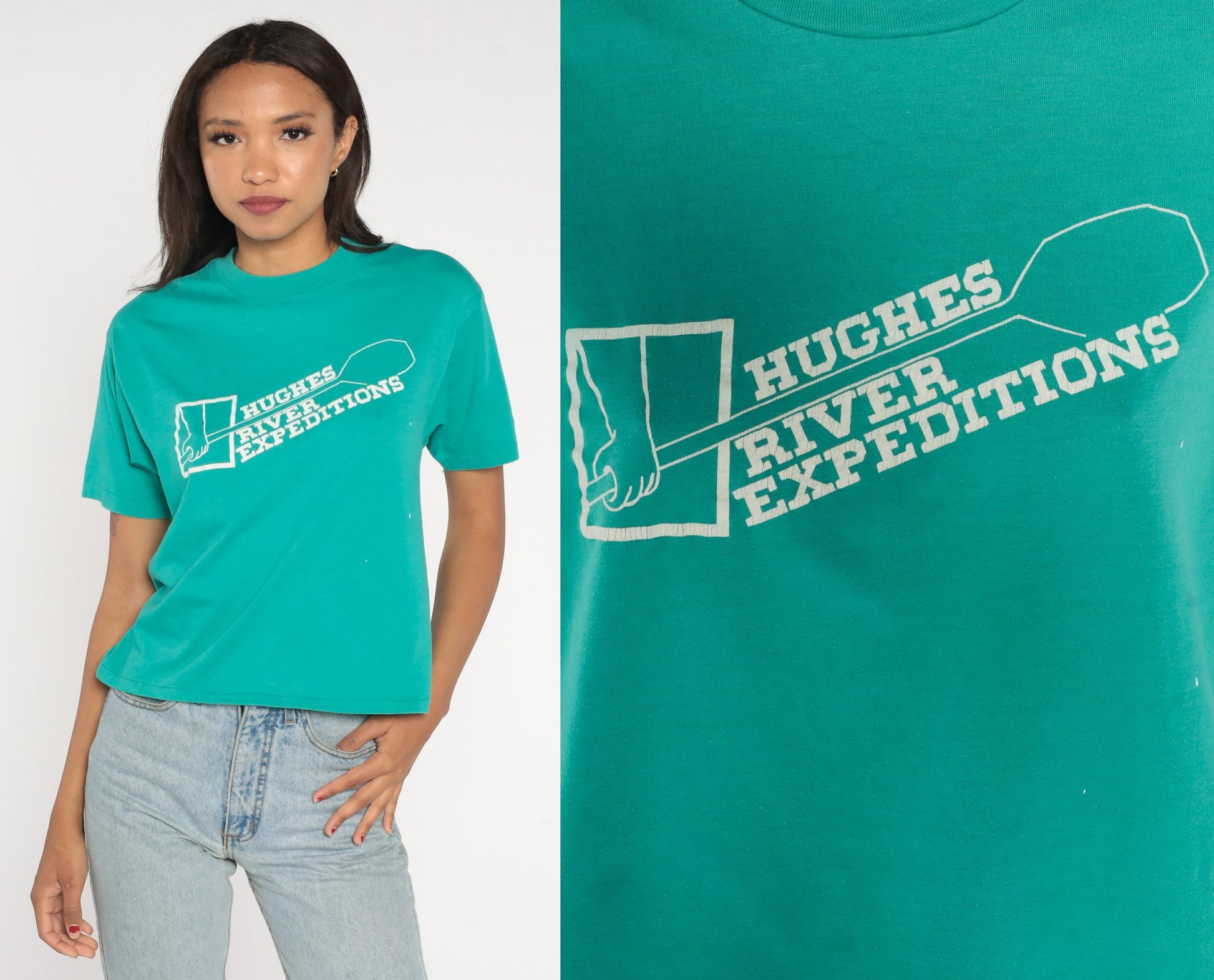 90s Hughes River Expeditions Graphic Tee Stanley Idaho Green Small