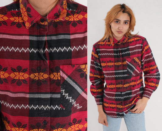 90s Checkered Floral Button Up Blouse Red Black Embroidered Long Sleeve Medium