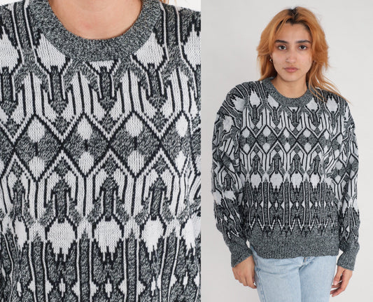 90s Geometric Knit Sweater Grey Black White Crewneck Pullover Large