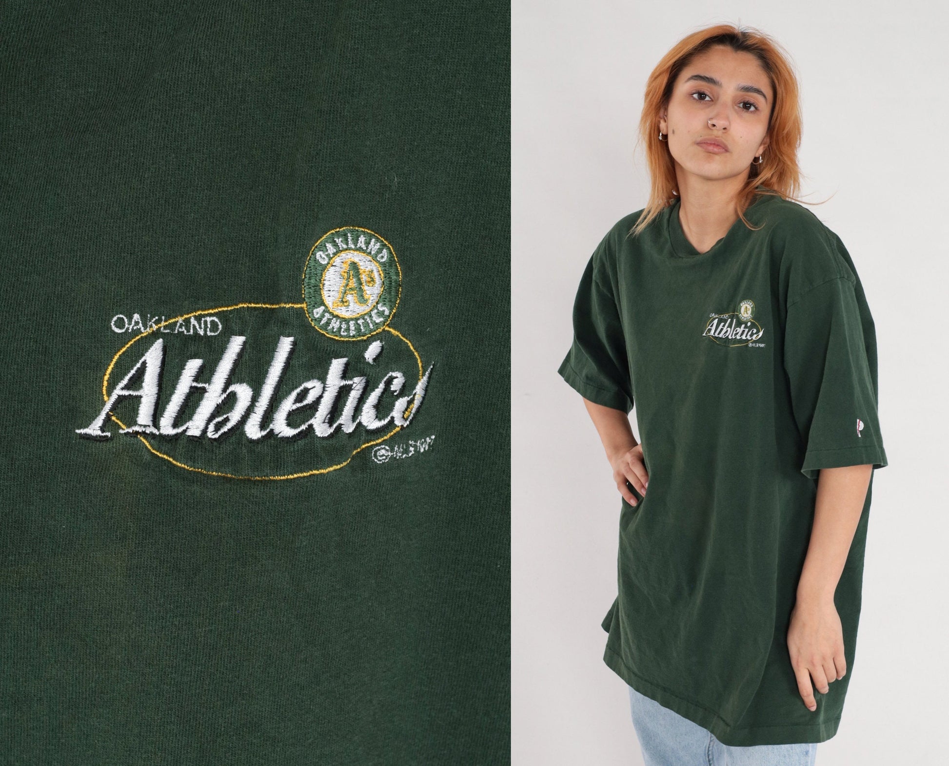 90s Oakland Athletics MLB Baseball T-Shirt Green Cotton XXL