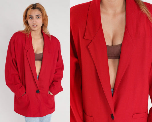 80s Red Wool Blazer Jacket Single Button Tailored Extra Large XL