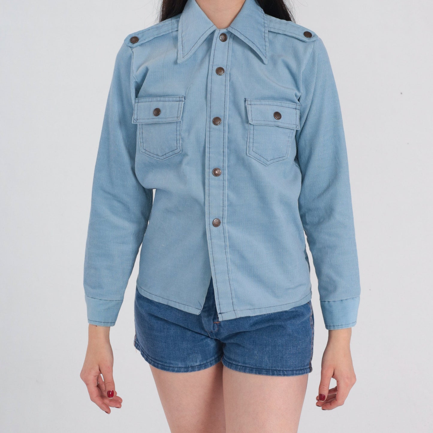 70s Baby Blue Corduroy Snap Button Shirt Epaulette Collar Long Sleeve XS