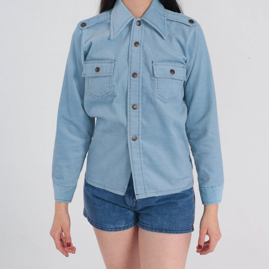 70s Baby Blue Corduroy Snap Button Shirt Epaulette Collar Long Sleeve XS