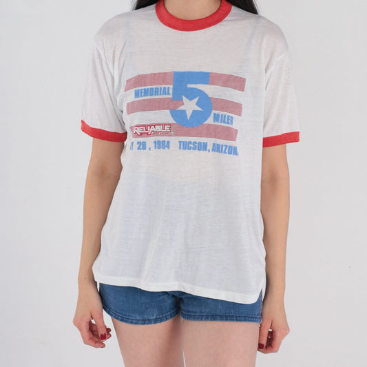 1984 Memorial 5 Miler Ringer T-Shirt Tucson Arizona Charity Run Graphic Tee Large