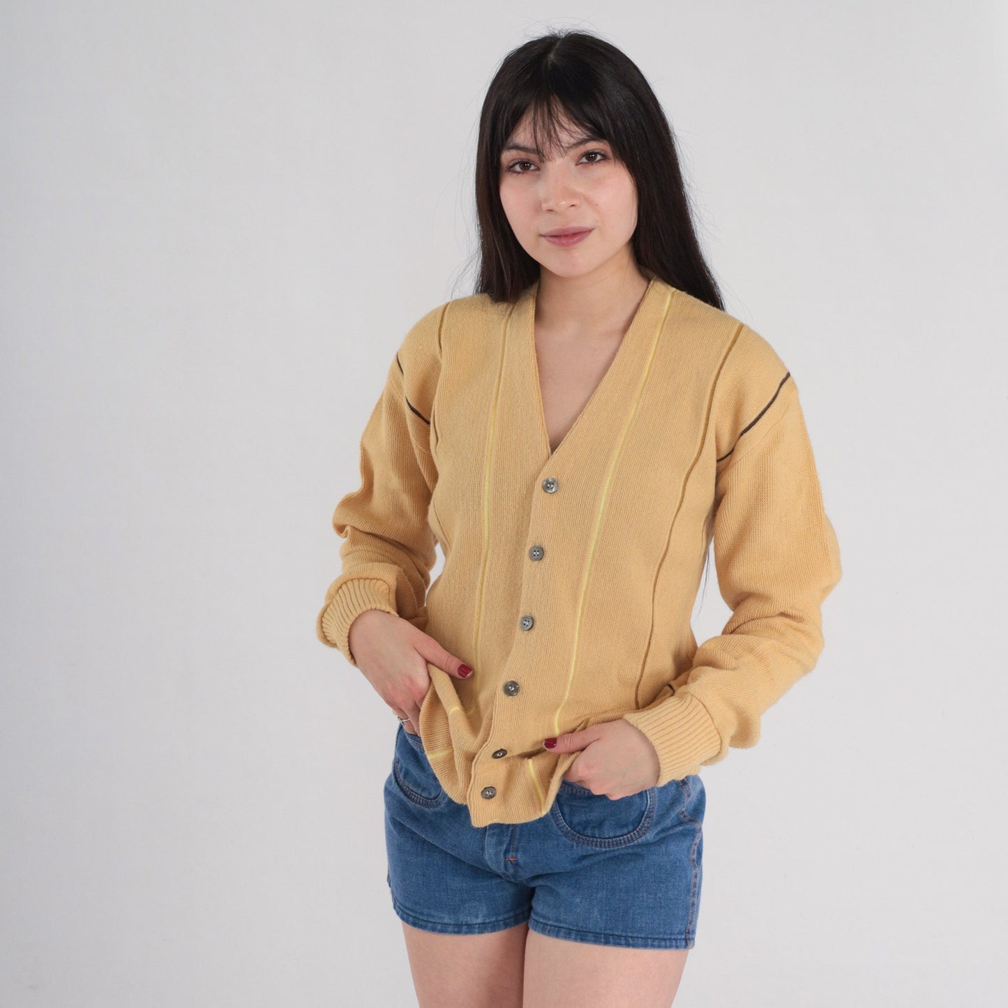 80s Striped Tan Cardigan Button-Up Knit Sweater Medium