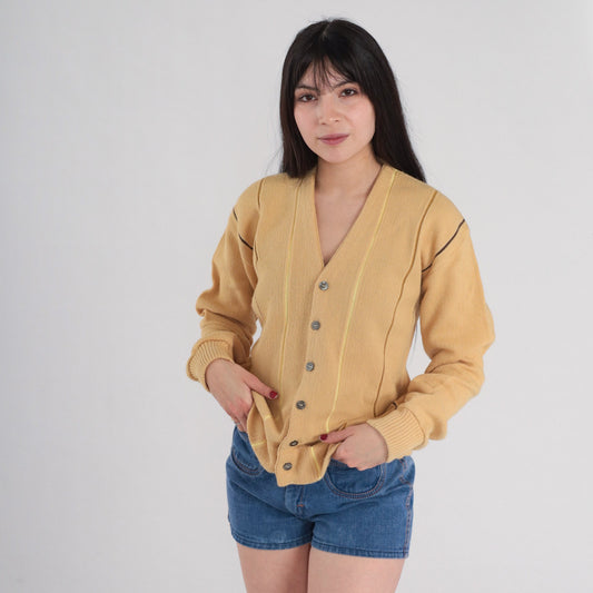 80s Striped Tan Cardigan Button-Up Knit Sweater Medium