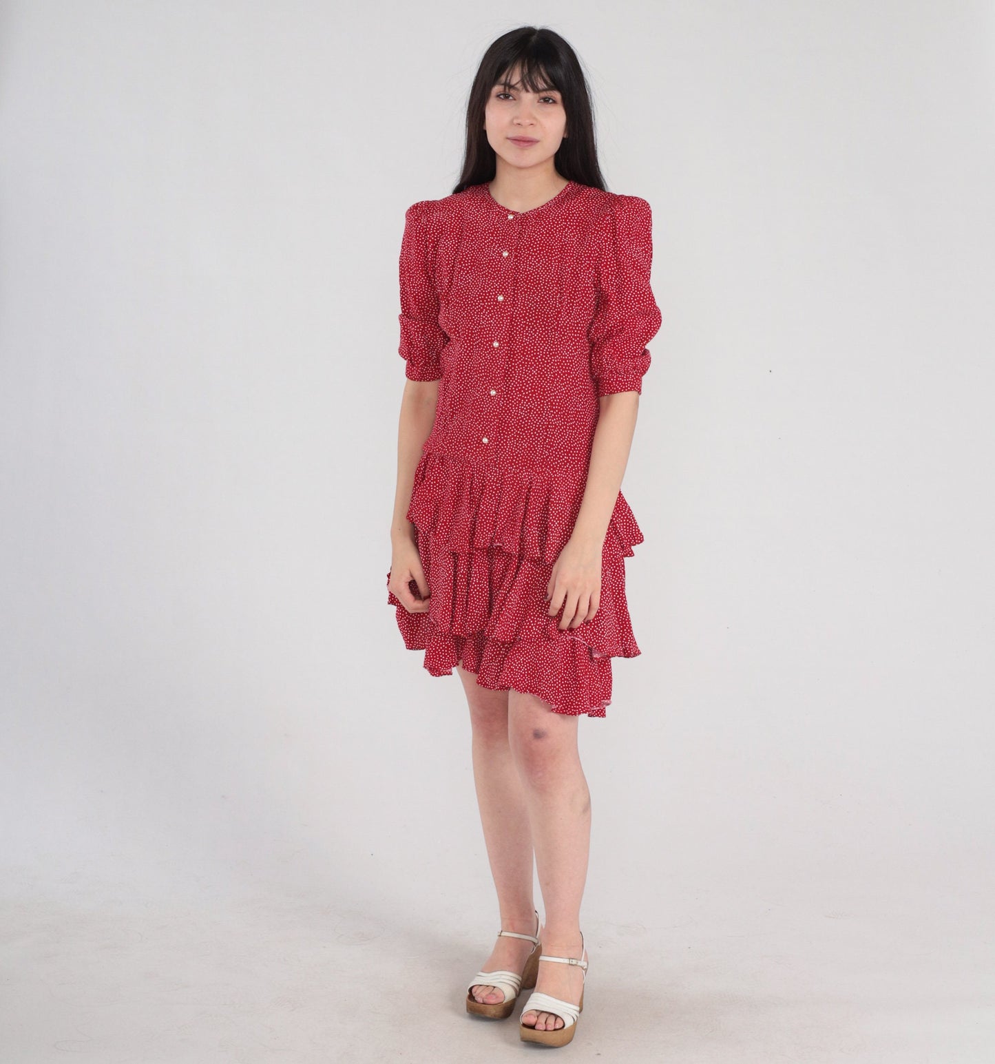 90s Red Polka Dot Mini Dress Puff Sleeve Pearl Button Drop Waist Small S