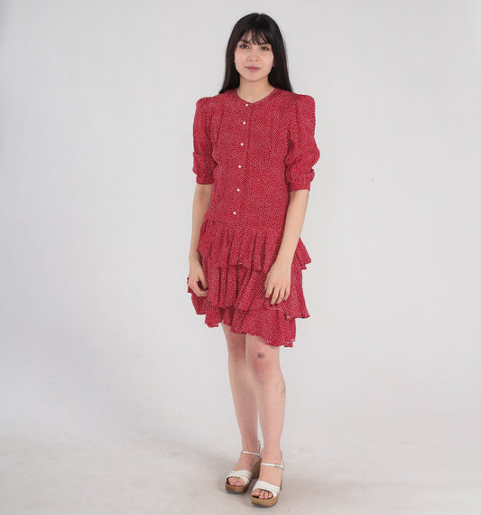 90s Red Polka Dot Mini Dress Puff Sleeve Pearl Button Drop Waist Small S