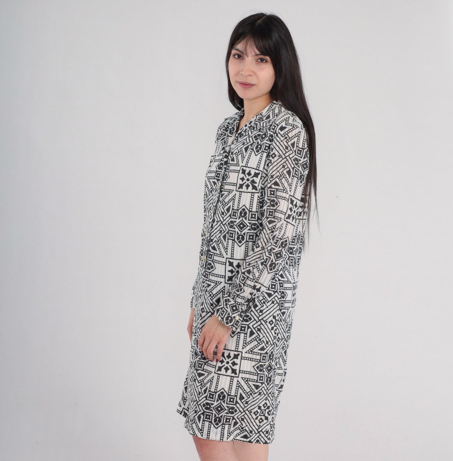 60s Byer Shift Dress Black White Geometric Mini Long Sleeve Medium