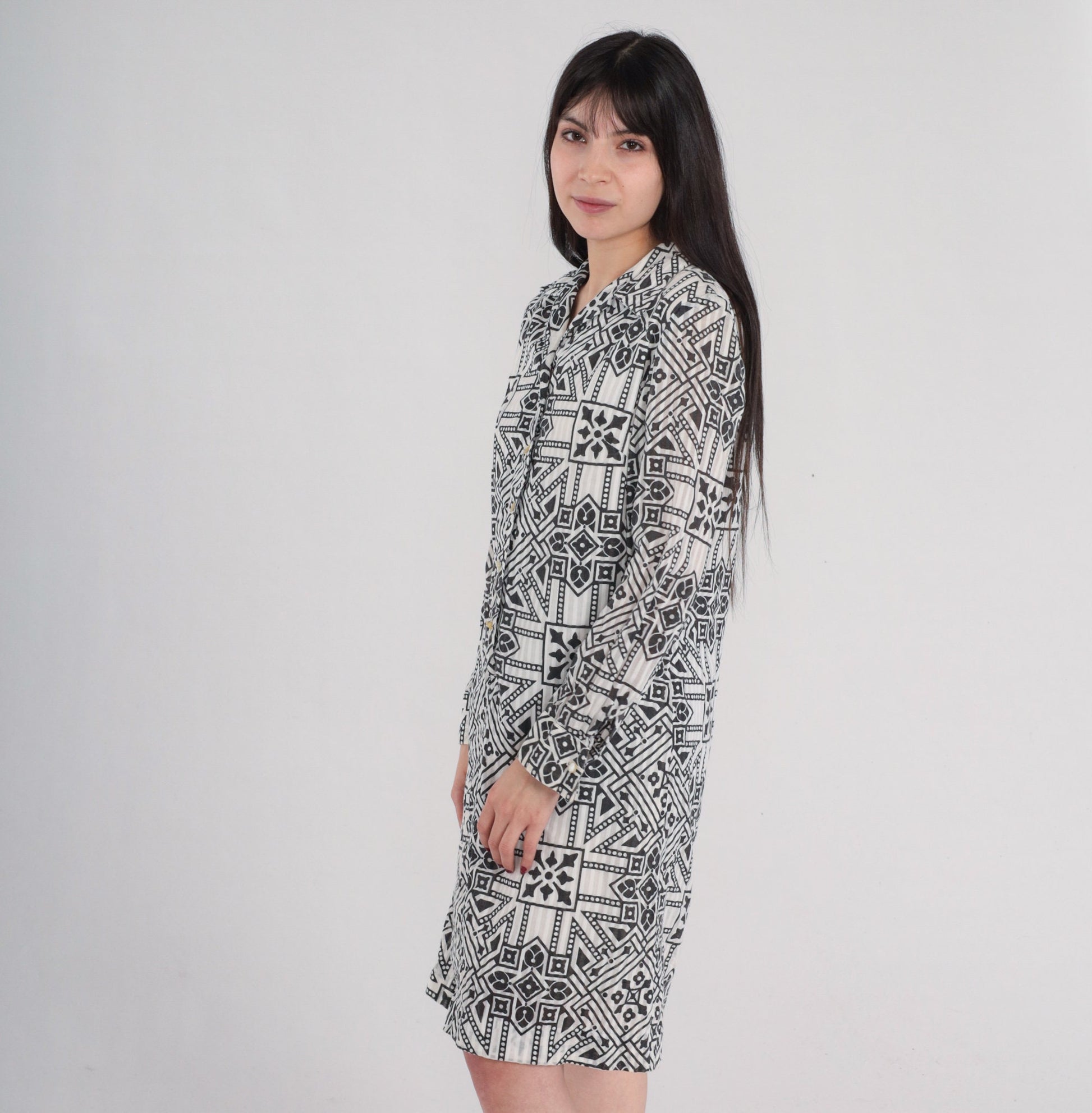 60s Byer Shift Dress Black White Geometric Mini Long Sleeve Medium