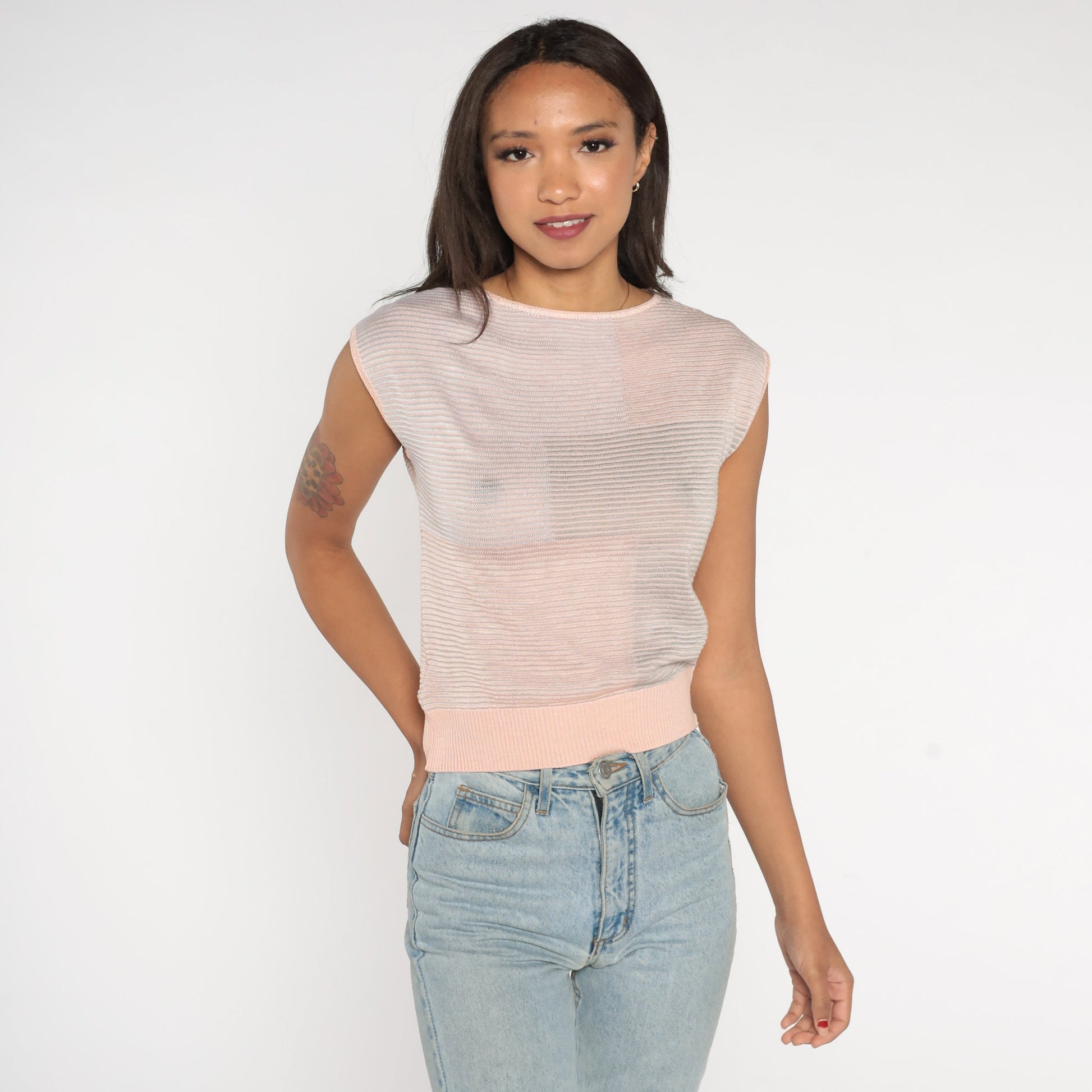 00s Pink Grey Colour Block Knit Cap Sleeve Sweater Top Extra Small