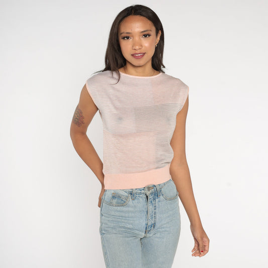 00s Pink Grey Colour Block Knit Cap Sleeve Sweater Top Extra Small