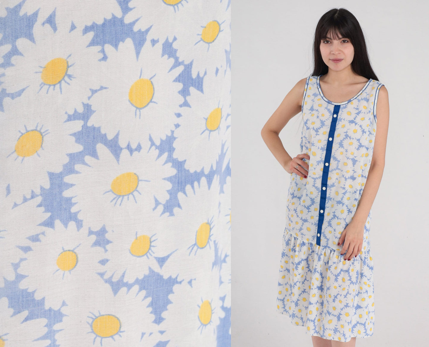 80s Floral Daisy Print Midi Dress Drop Waist Sleeveless Blue White Medium M