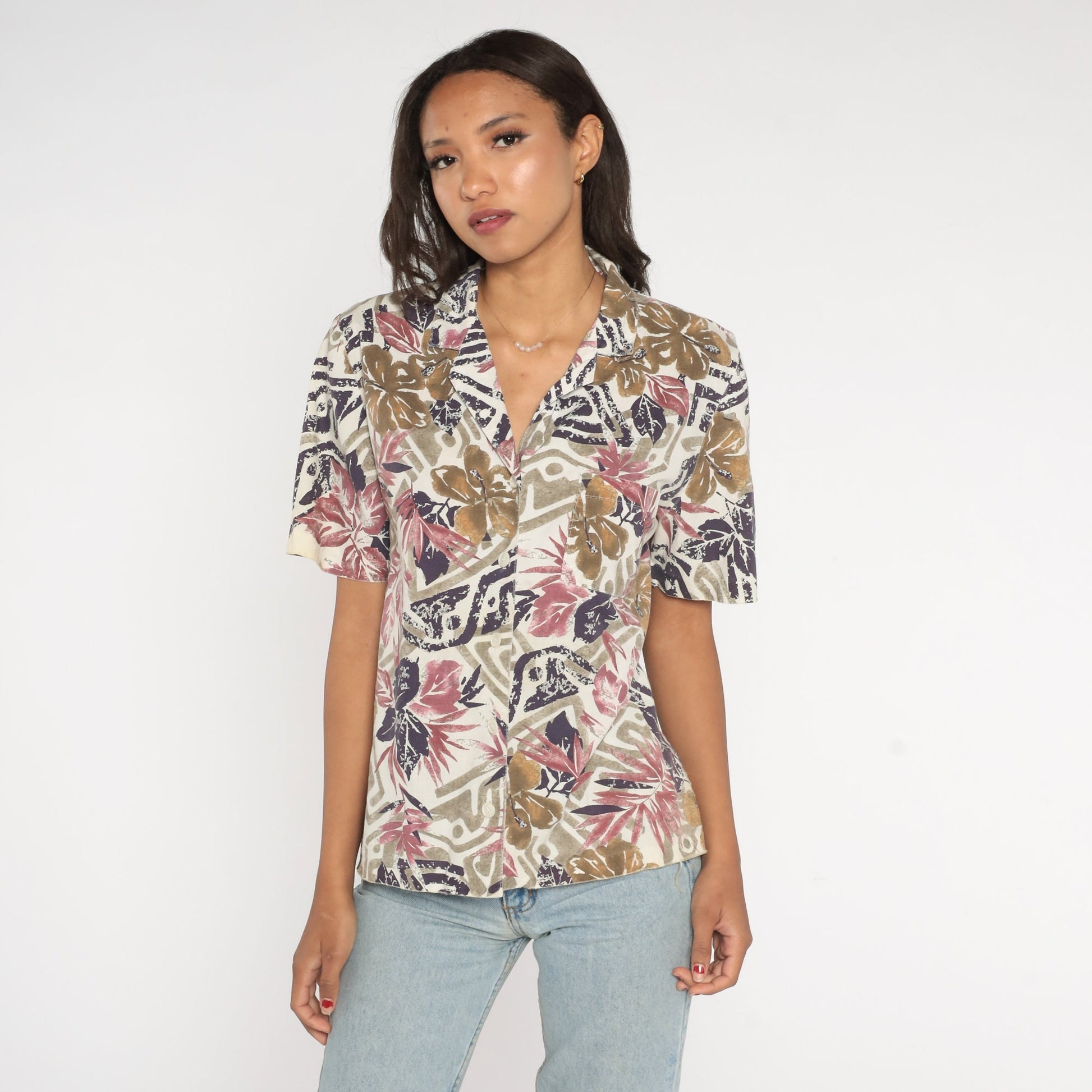 80s Tropical Floral Button-Up Blouse Off-White Purple Short Sleeve Cotton Large