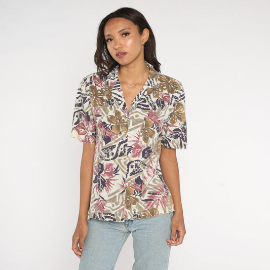 80s Tropical Floral Button-Up Blouse Off-White Purple Short Sleeve Cotton Large