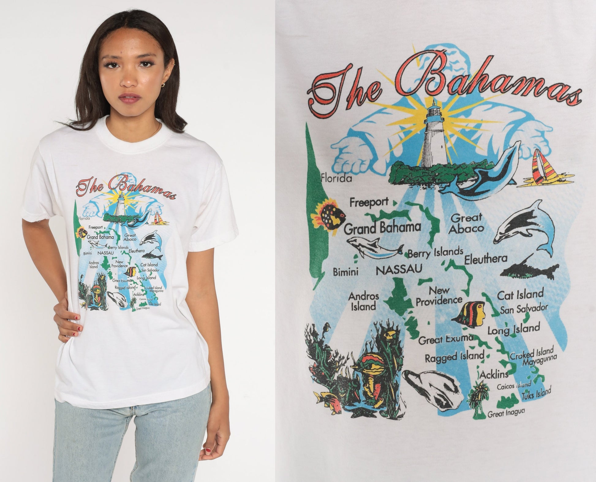 90s Bahamas Graphic T-Shirt Caribbean Islands Dolphin Tee White Medium