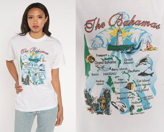 90s Bahamas Graphic T-Shirt Caribbean Islands Dolphin Tee White Medium