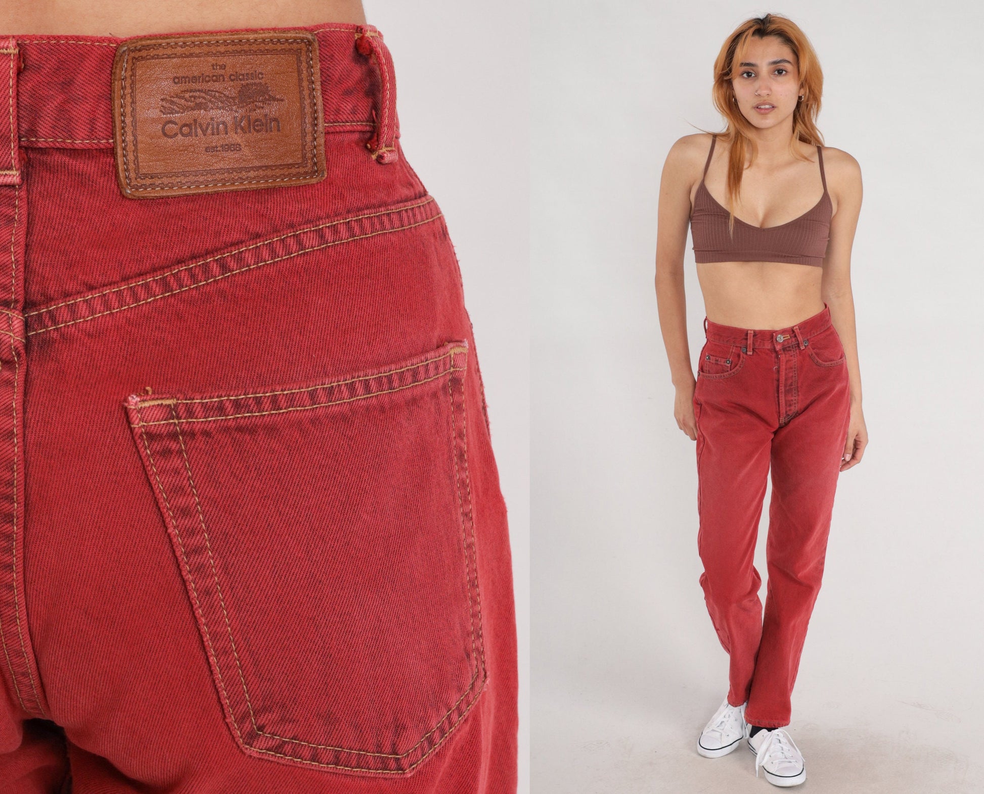 00s Calvin Klein Red Denim High Waisted Slim Straight Jeans Small 26