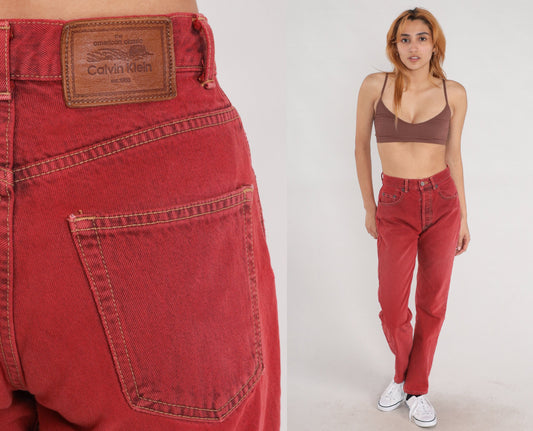 00s Calvin Klein Red Denim High Waisted Slim Straight Jeans Small 26