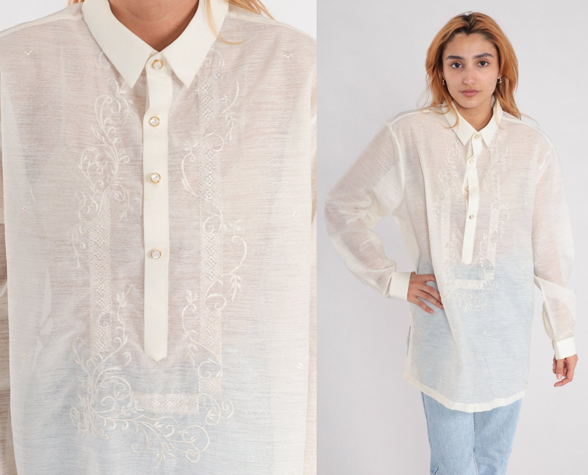 00s Sheer White Embroidered Button-Up Blouse Long Sleeve Floral Large L